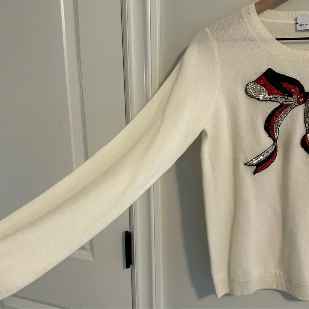 Tuckernuck Never a Wallflower Cream Sequin Bow Cashmere Sweater Small
